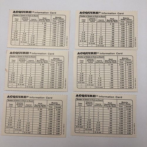 Juego de mesa Avalon Hill 1976 ACQUIRE pieza de repuesto - 6 tarjetas de información