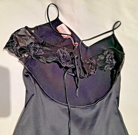 Lise Charmel Black Satin/Floral Embroidered MAGNOLIA Sleeveless Long Nightdress