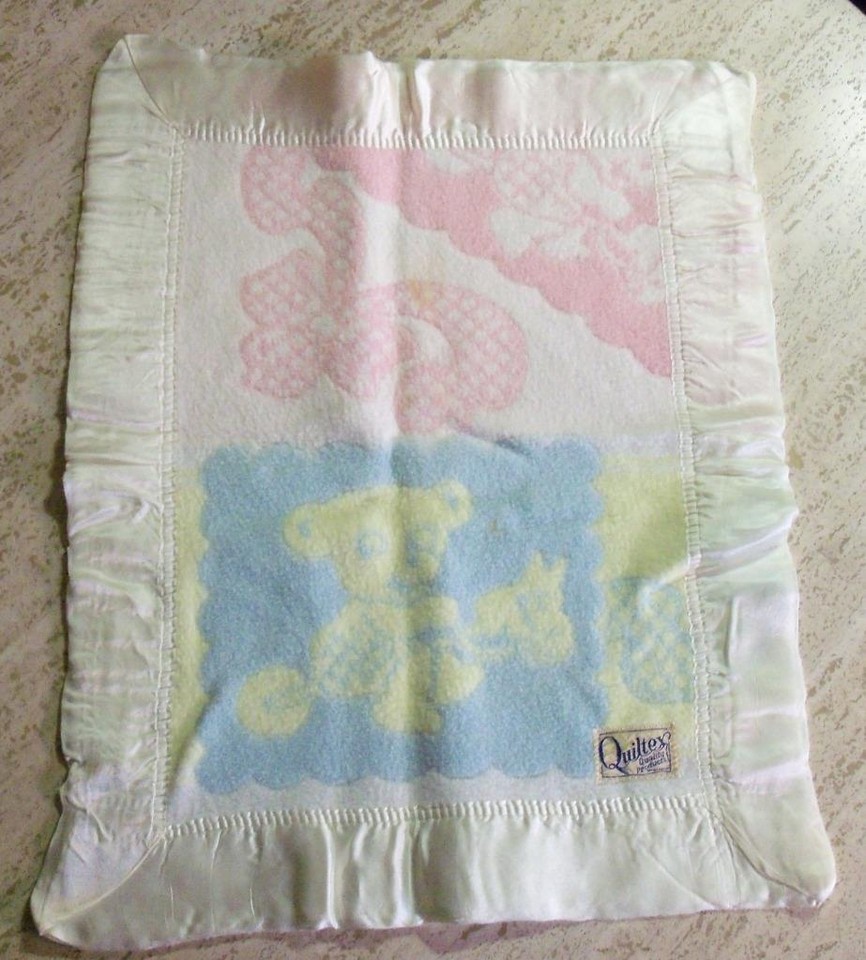 VINTAGE QUILTEX BABY BLANKET 18 X 23 BEAR BOW FULL BINDING eBay