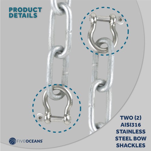 Cadena de plomo de anclaje de barco con grilletes, cadena de acero galvanizado de 5/16" x 15' - Imagen 5 de 8