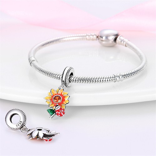 Sunflower Ladybug Ladybird Lucky Dangle Flower Charm 925 Sterling Silver - Picture 4 of 5