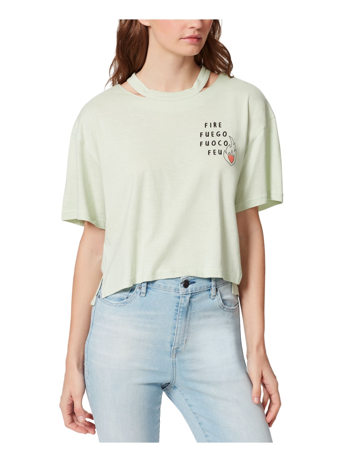 Frayed Green Womens High-Low Hem Short Sleeve Crew Neck T-Shirt with Slit Details Size L