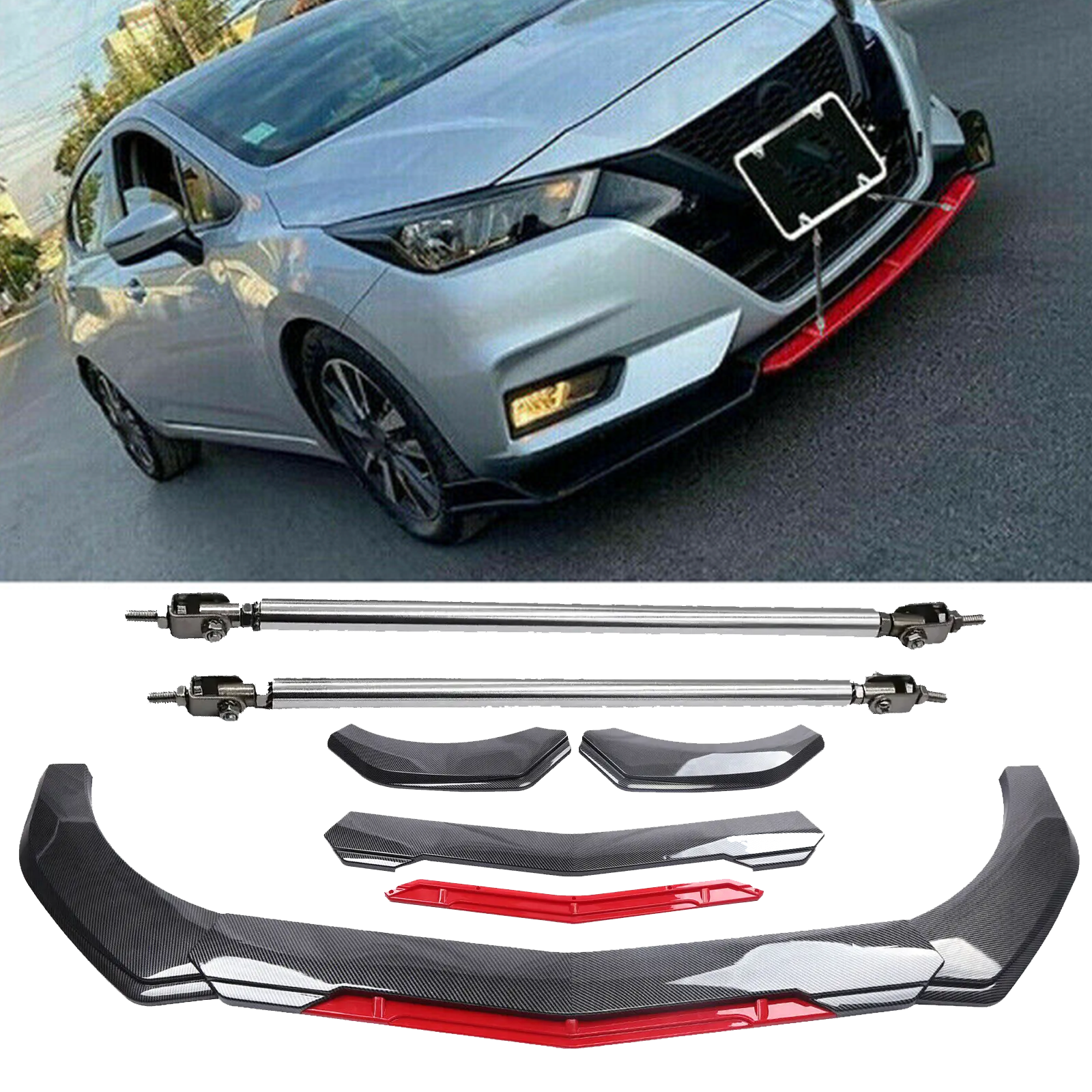 Carbon Fiber Front Bumper Lip Spoiler Splitter Strut Rod Nissan Sentra