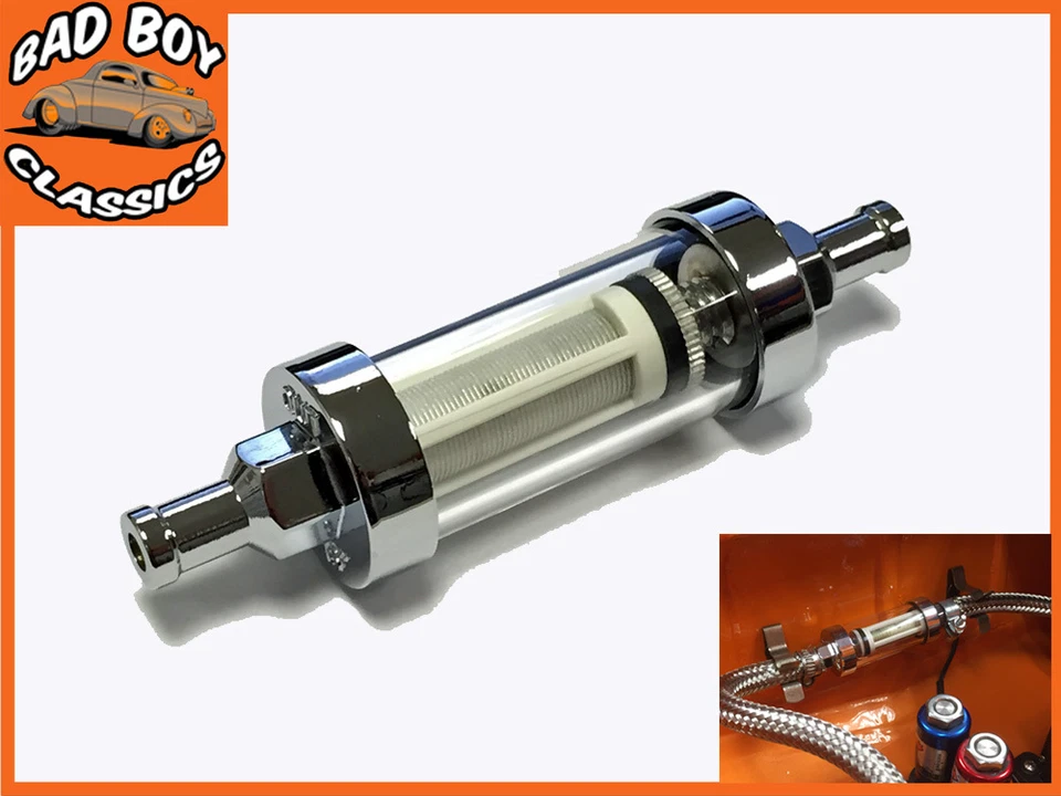 AEROLINE UNIVERSAL Chrome & Real Glass Fuel Petrol Inline Filter CAR, MOTORCYCLE etc