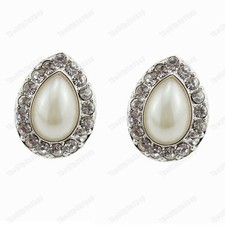 CLIP ON crystal PEARL tear drop EARRINGS silver rhinestone EZ comfort push clips
