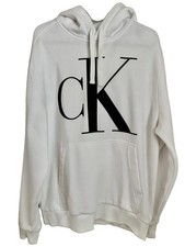 Calvin Klein Men's White Pullover Fleece Hoodie CK Logo Pockets Size M