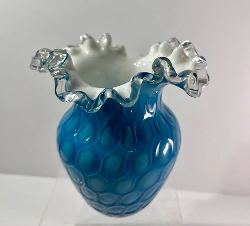 Vintage  Fenton  blue opalescent vase with a double crimped or ruffled rim.