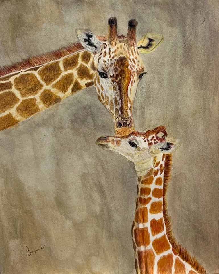 瓜哈多原版当代表现主义长颈鹿吻10X8纸签名艺术 — 第 2/4 张图片