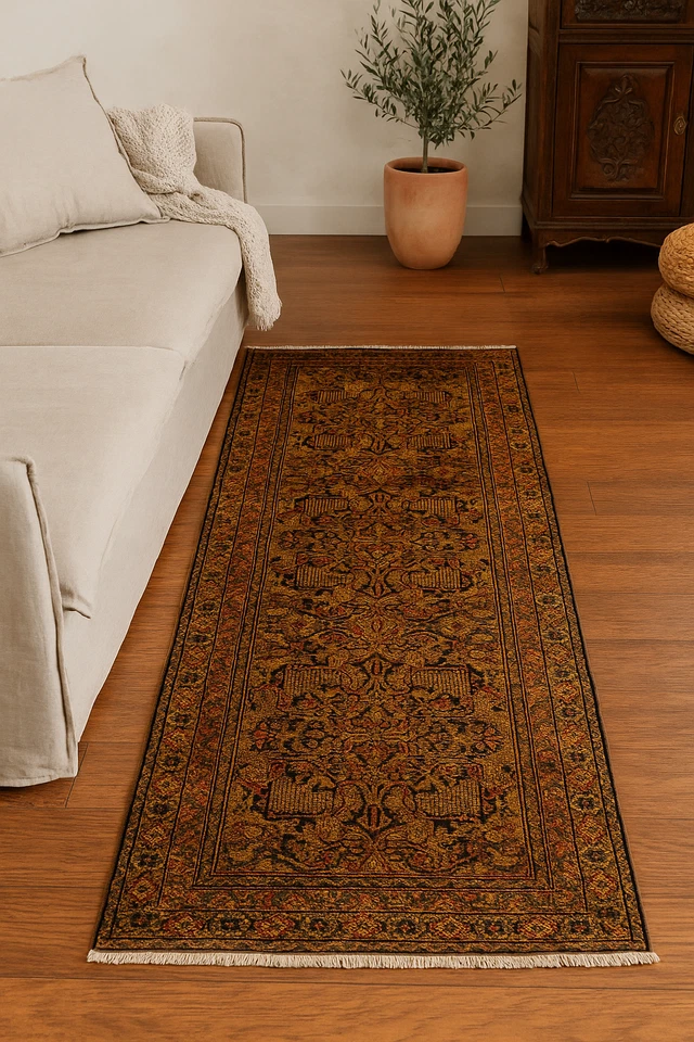 Alfombra tribal de lana anudada a mano vintage de 6'6 x 3'3, tinte vegetal, alfombra dorada Foto 2 de 4