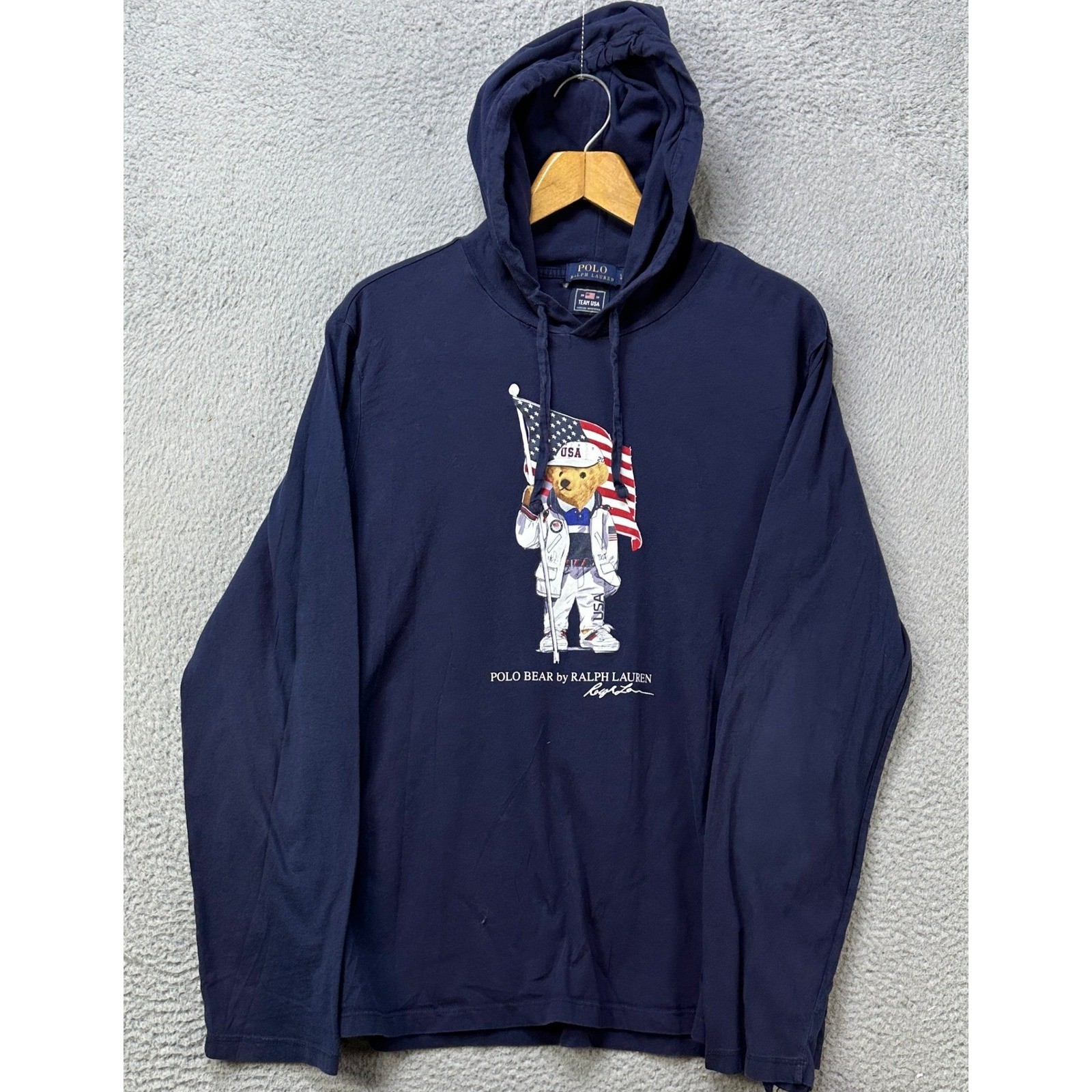 Polo Bear Ralph Lauren Team EE. UU. Hombres Grande Sudadera con Capucha Azul Gráfico Exterior