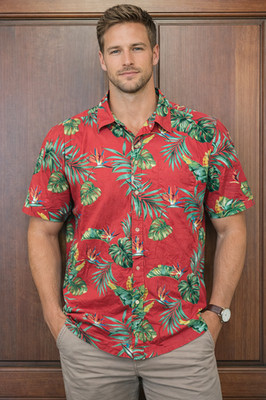 Cooke Street Hawaiian-Style Aloha Shirt Birds of Paradise Design Red Large