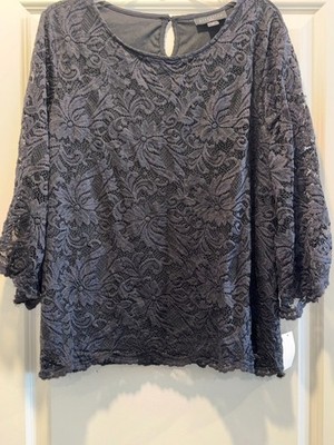 Attention Blouse Top Womens 2X Black Floral Lace Keyhole Back Scalloped Hem
