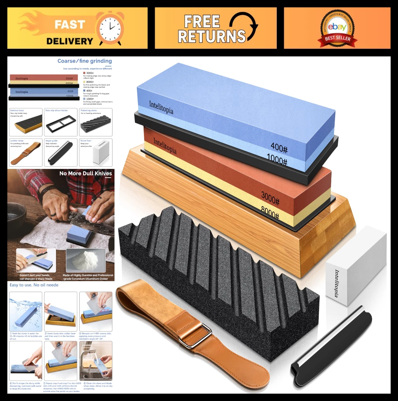 Complete Knife Sharpening Stone Set - Dual Grit Whetstone 400/1000 & 3000/8000,