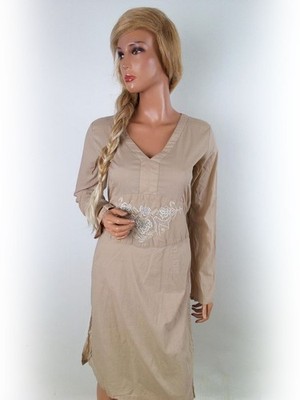 REPEAT Damen A-Linien-Kleid Gr. L Beige Baumwolle 100% Langer Ärmel Stickerei