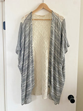 Altar's State Long Flowy Cardigan XS Gray And Cream Open Front Crochet Back Knit
