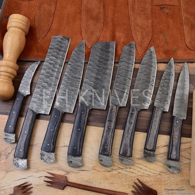 8 PIECES CUSTOM FORGED DAMASCUS STEEL KITCHEN CHEF KNIVES SET PAKKA WOOD HANDLE