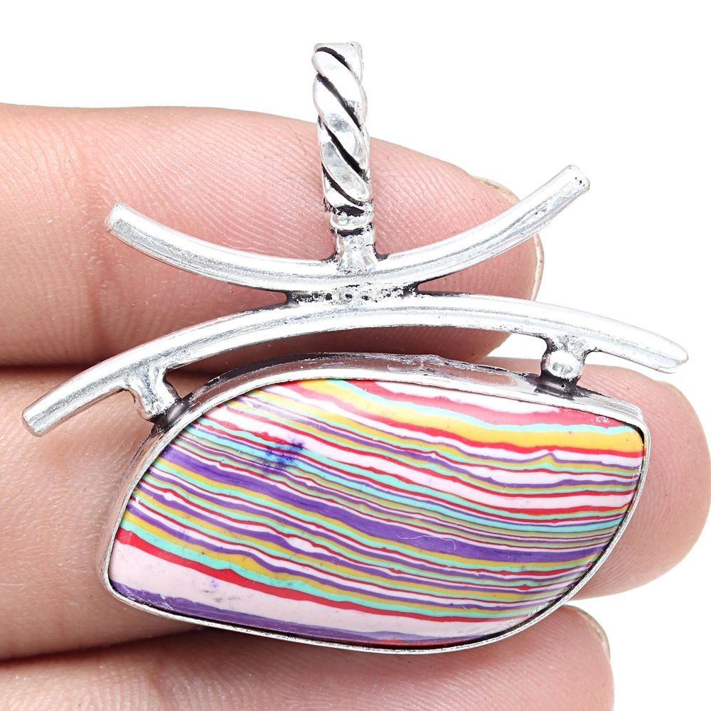 Rainbow Calsilica Gemstone Handmade Antique Necklace 1.5 Inch-image