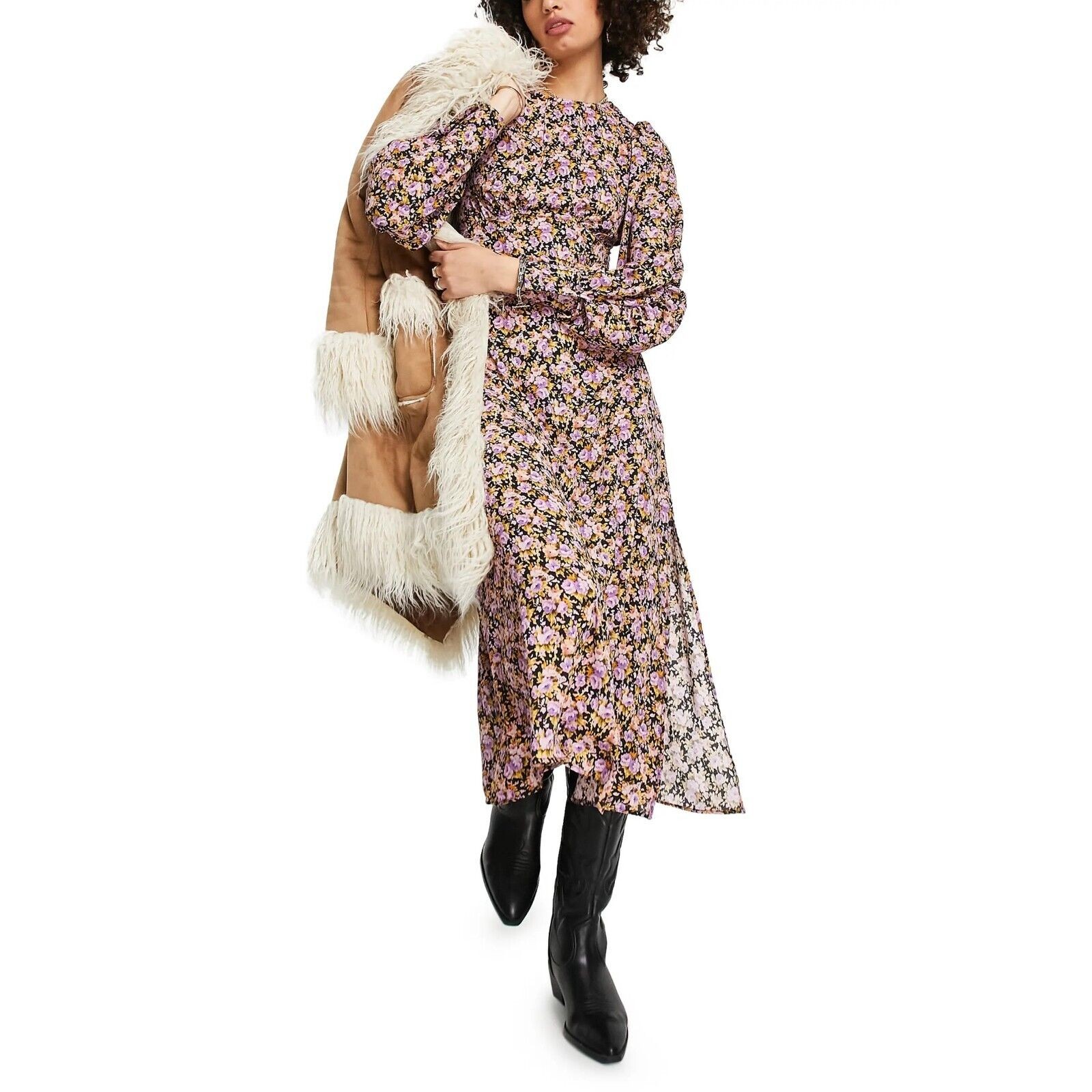 Topshop Women Floral Balloon Sleeve Open Back Boho Midi Flare Dress Size US 4