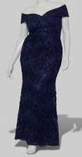Xscape Womens Blue Embellished Lace Off-The-Shoulder Gown Dress Plus Sz 14W