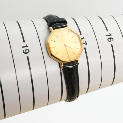 YVES SAINT LAURENT Octagon Watch Leather Gold Black Vintage Authentic From Japan - Picture 17 of 24