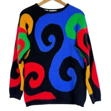 Vtg 80s Rafaella Angora Lambswool Sweater Tunic Small Colorblock Abstract Swirl