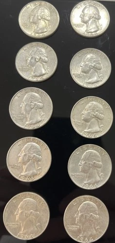 New ListingTEN (10) Silver Washington Quarters 1964 Lot of 10 circulated silver coins