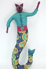 Deborah Banyas Mermaid Cat Folk Art Cloth Outsider Soft Sculpture Wall Hanging