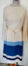 Vintage 70s 80s Wool Blend Knit Blue & Cream Long Sleeved Dress Kay Windsor B44