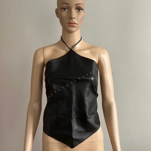 Black Leather Stud Bandana Crop Top in XS S