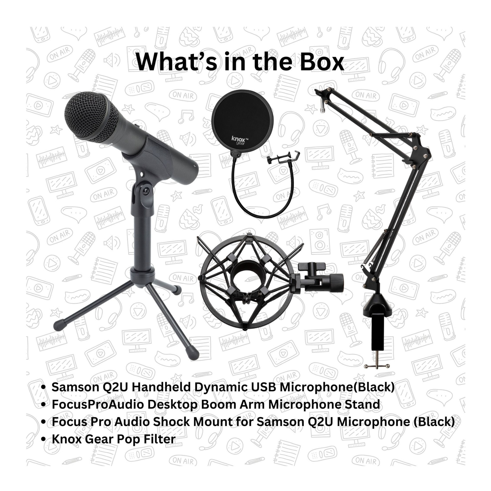 Samson Handheld USB Microphone w Knox Gear Boom Arm Shock Mount and Pop Filter