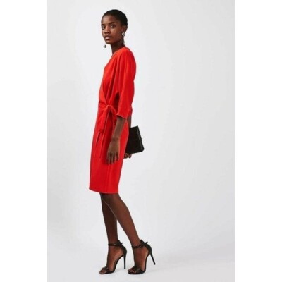 topshop wrap midi dress TOPSHOP Dress Batwing Hot Red Wrap Midi Casual Wear To Work Dress Sz US 4  NEW