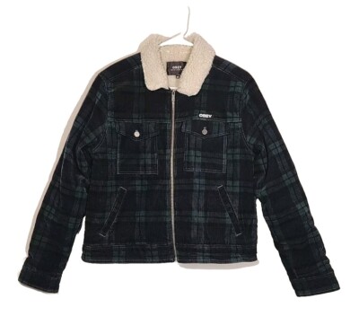Obey Jacket Corduroy Sz Small Blue Green Plaid Sherpa Lined Heavy
