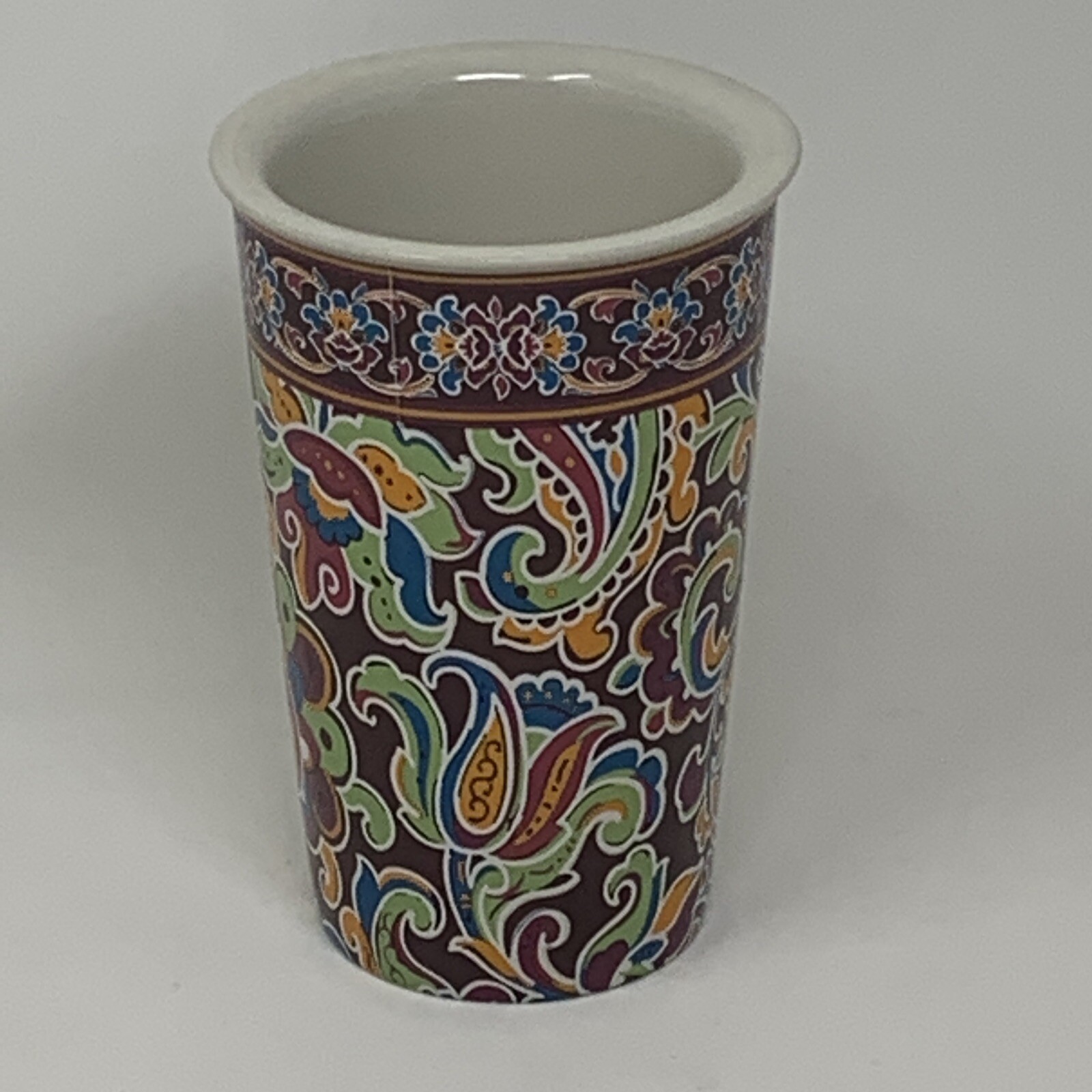 Longaberger Pottery Vitrified Ceramic Cup No Handle Colorful Print Vase