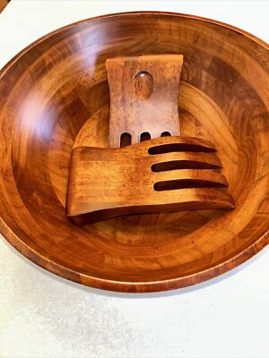 Lipper Cherry Finish Wavy Rim Bowl with Salad Hands, 3-Piece Set