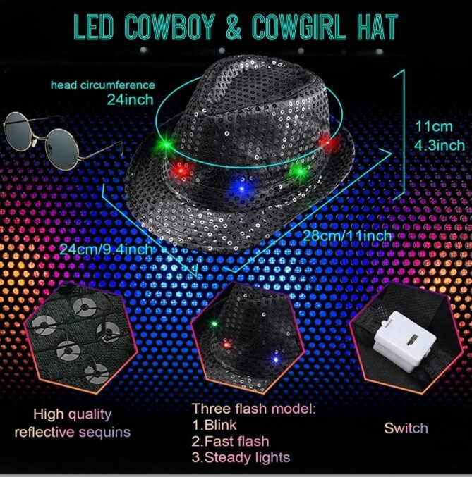 6167 6 Pack Led Cowboy Hats Light Up Glitter Space Cowgirl Hat With Set of 6 Sequined Space Cowgirl Hat Black Light Up Cowboy  main image 2