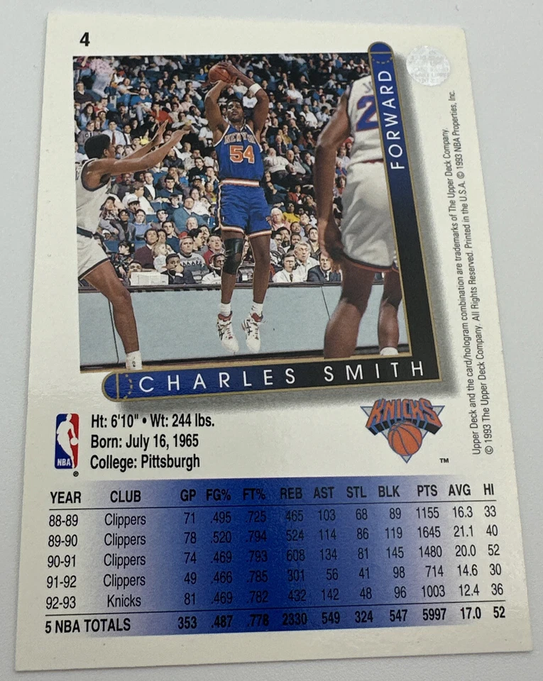 Чарльз Смит, «Нью-Йорк Никс», 1993-94 Upper Deck баскетбольная карточка #4 - Изображение 2 из 2