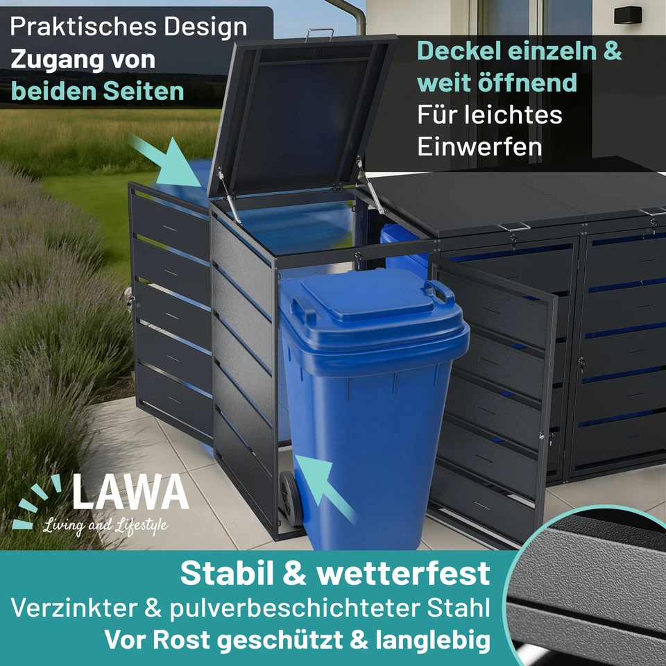 Müllbox 3er Tonnen 240l Stahl verzinkt Anthrazit abschließbar Deckel - Bild 3 von 4