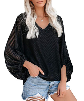 AlvaQ Women V Neck Chiffon Blouse Casaul Balloon Sleeve Shirt Top Black 2XL New | eBay