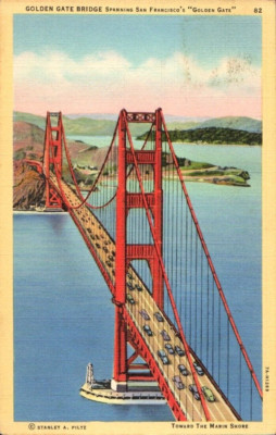 San Francisco California, Golden Gate Bridge, Marin Shore 1941 Linen Postcard