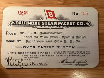 1921 BALTIMORE STEAM PACKET CO. OLD BAY LINE ANNUAL PASS ENTIRE SYSTEM - HH64