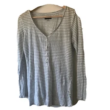 Saks Fifth Avenue striped linen henley shirt blue white beach tunic top size S