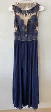 Sherri Hill Prom Dress Women’s 12 Dark Blue Beige Maxi Long Sleeveless Sheer