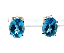 14K Yellow Gold 4.5 Ct Tw Oval 9x7mm Blue Topaz Gemstone Stud Earrings 2 Grams