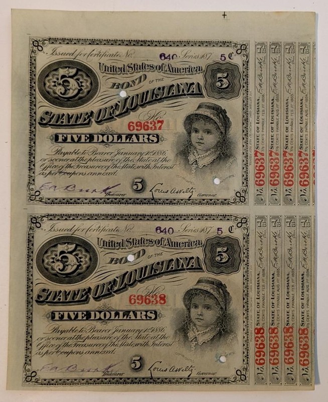 LOT of 2, 1875 STATE OF LOUISIANA LA 5 DOLLAR BOND, BABY BONDS, U.S. CURRENCY