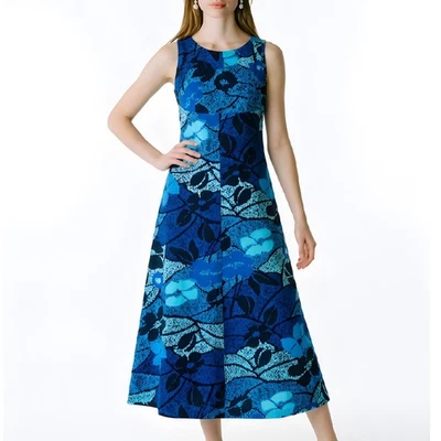 Robe maxi bleue à fleurs vintage des années 70, robe d'été ligne A, robe de s... - Photo 1/4