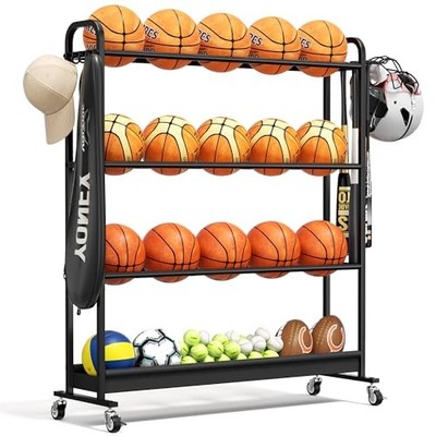 Adjustable Basketball Rack with Wheels, 4-Tier Sports Ball Storage Cart for 