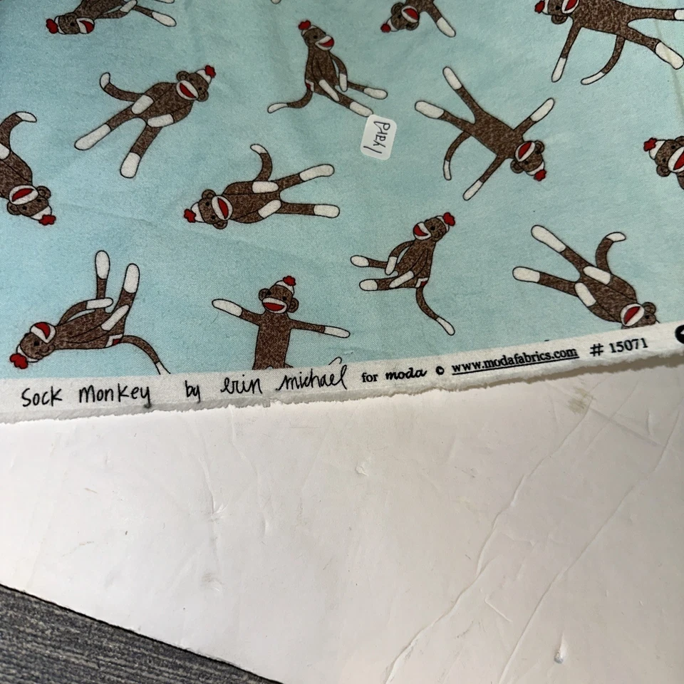FABRIC Sock Monkey Cotton Blue Flannel Erin Michael Moda 36x40” - Image 2 of 2