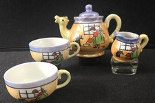 Childs Tea Set Made In Japan Girl Feeds Cat Design Teapot 3.5"T, 2 Cups, Creamer