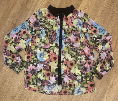 H&M Size 4 Small Multicolor Floral Chiffon Blouse Button Down Contrast Trim