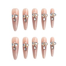 Handmade Long Stiletto Press On Nails Nude Pink Glitter Rhinestone Pearl 10pc